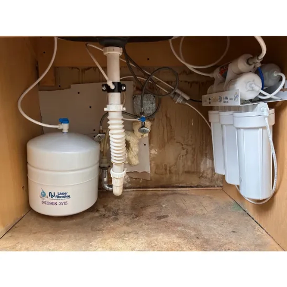 Installed Goldline RO system with white pressure storage tank and filters visible under the kitchen sink.