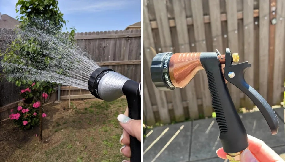 Green Mount water hose nozzle sprayer offers 6 spray patterns that cover a variety of outdoor tasks from watering plants to cleaning surfaces.