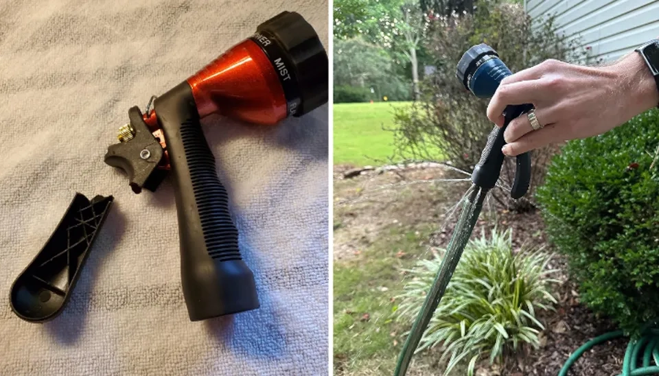 Green Mount water hose spray nozzle the handle easily broke (Left) Leaking issue (Right)