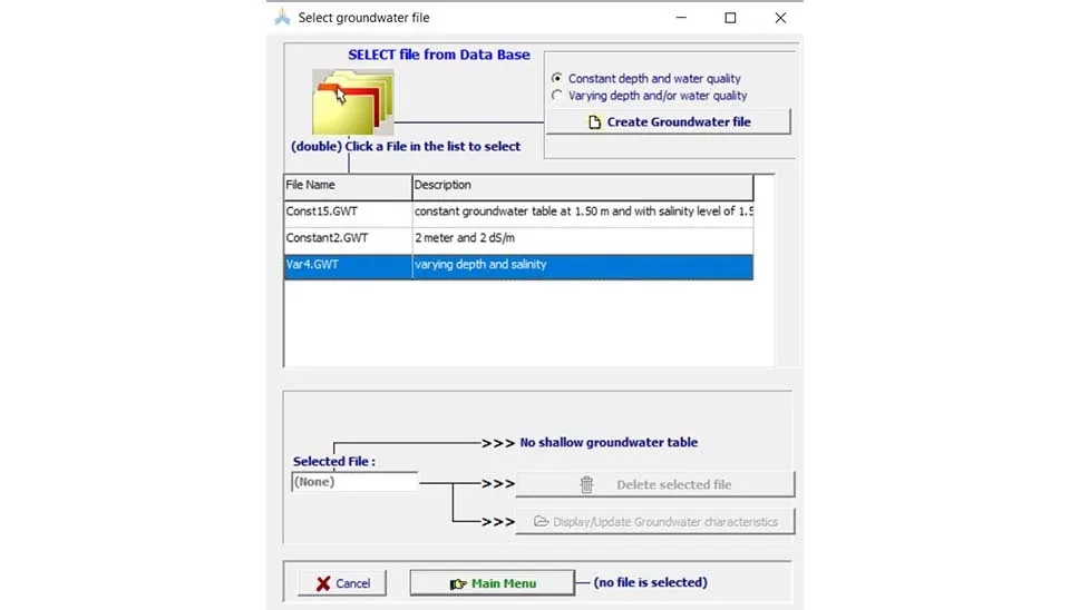 AquaCrop software interface showing the window for entering groundwater data, including the depth of the groundwater table and its salinity over time.