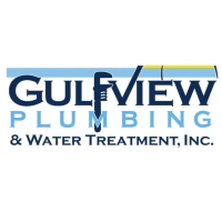 Gulfview Plumbing & Water Treatment logo featuring a navy blue wordmark with a stylized wrench integrated into the letter "F" and sky-blue secondary typography