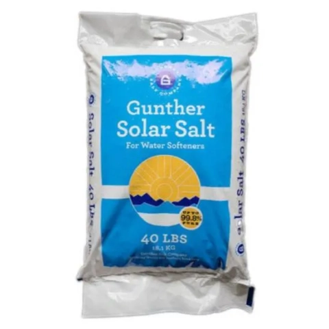 Gunther Solar Salt for water softeners, a highly pure, crystal-form salt in a 40 lb bag. 