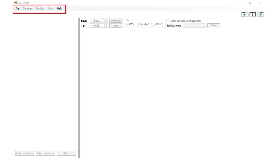 Screenshot of the HBV-light software interface displaying the main tabs: File, Setting, Results, Tools, and Help.