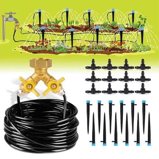 HIRALIY 50ft Drip Irrigation Kit with its emitters, adapter, and tubing.