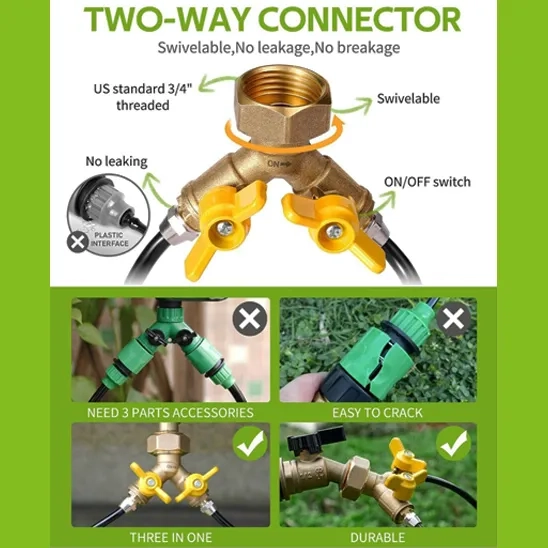 HIRALIY 50ft Drip Irrigation Kit has a two-way connector.