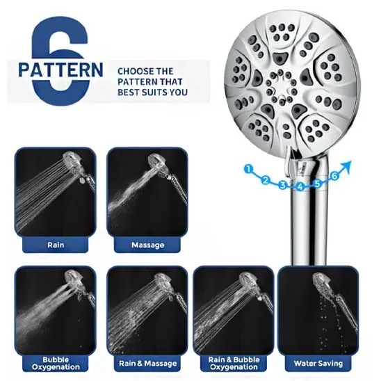 Patterns of the HOPOPRO Shower Head Filter include rain, massage, bubble oxygenation, water saving, and a combination of them.