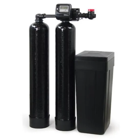 Dual-tank HQ Water Solutions water softener system with digital control valve and brine tank.