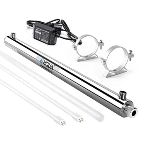 HQUA OWS 12 Ultraviolet Water Purifier Filter featuring stainless steel chamber, UV tube, and power adapter