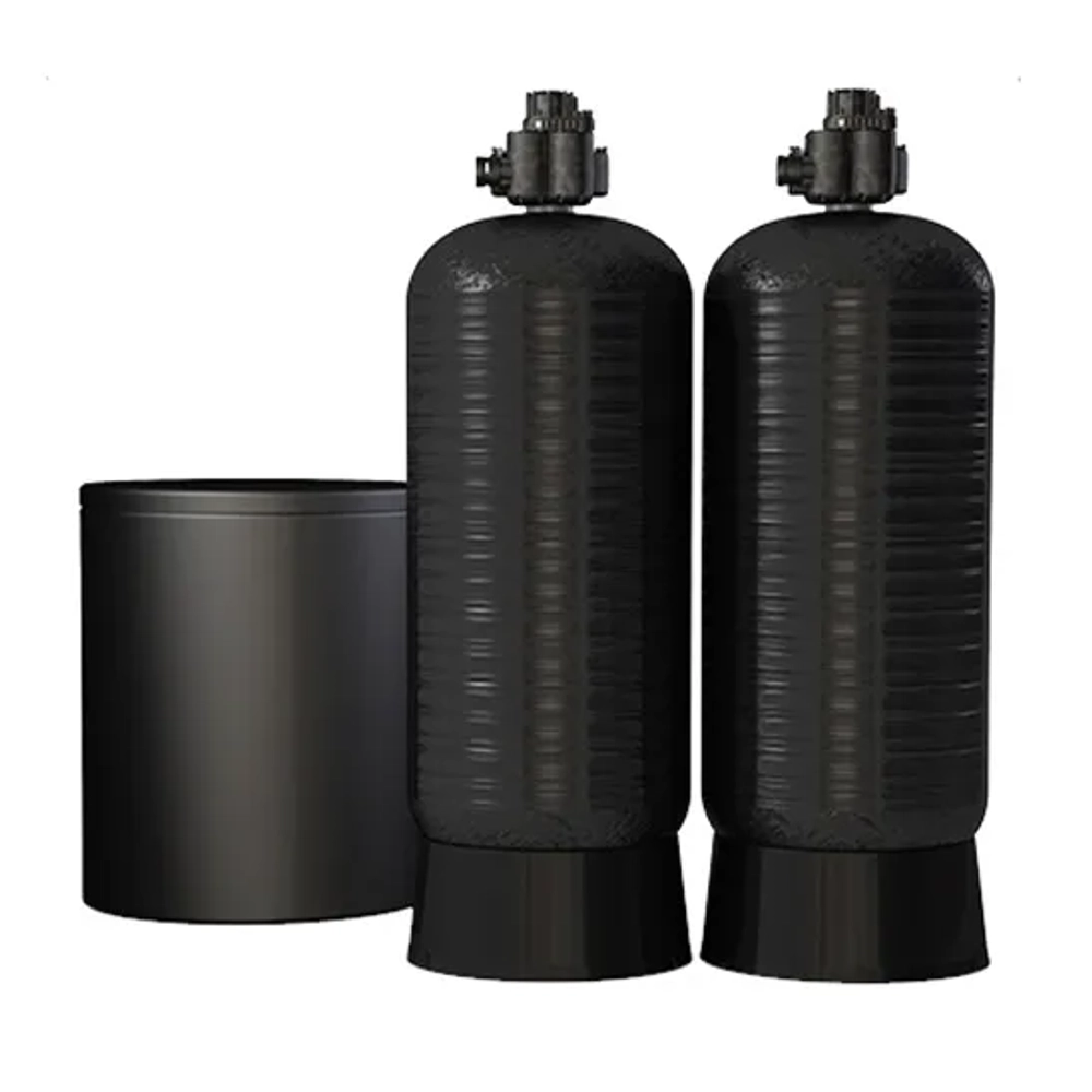 HYDRUS Series Commercial dual-tank water softener with two media tanks and large brine tank.