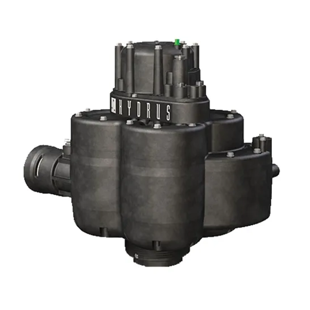 HYDRUS Series commercial water softener control valve head, heavy-duty black industrial design.