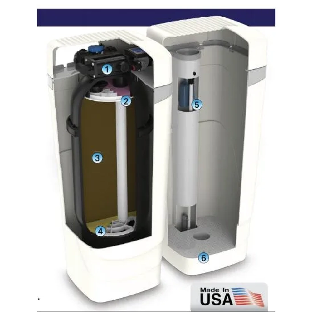 Internal view of a Hague Maximizer water softener showing the built-in, self-cleaning filter.