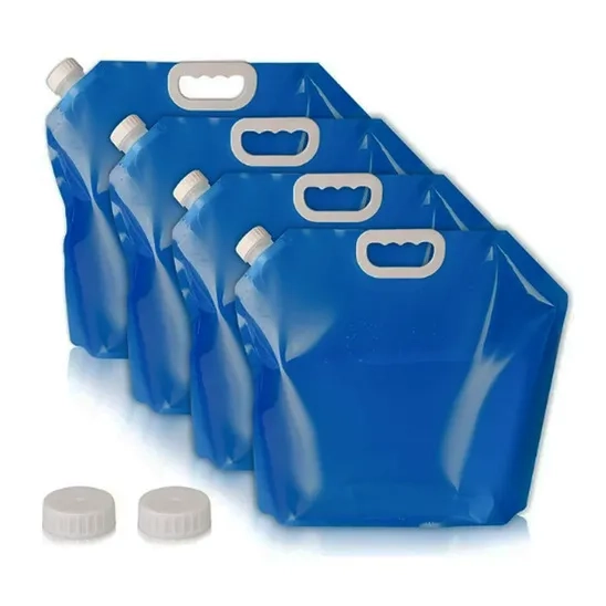 A pack of four Hakkin 10L Portable Water Bags with handle hooks and screw caps.