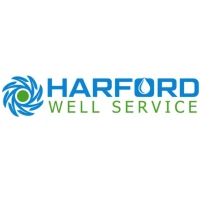 Harford Well Service logo featuring a blue vortex pinwheel icon with a green center next to the stacked text "HARFORD WELL SERVICE" in blue and green on a white background