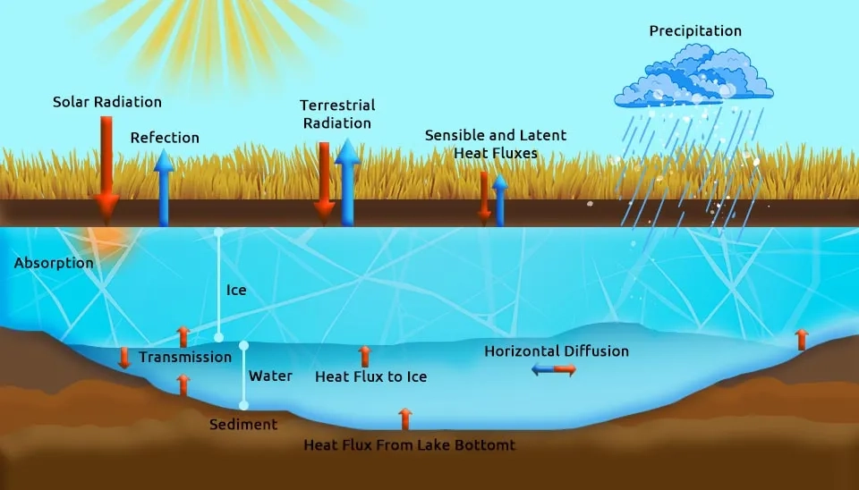 Diagram showing heat exchange processes in a lake, including solar radiation, terrestrial radiation, sensible and latent heat fluxes, precipitation, reflection, absorption, transmission, and heat fluxes from the lake bottom and sediment.