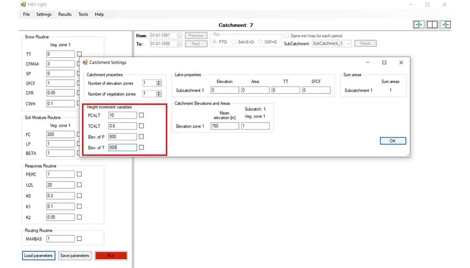 Screenshot of the "Catchment Settings" tab in HBV-light software, highlighting the sections for defining height variables, such as PCALT, TCALT, Elev. of P, and Elev. of T.