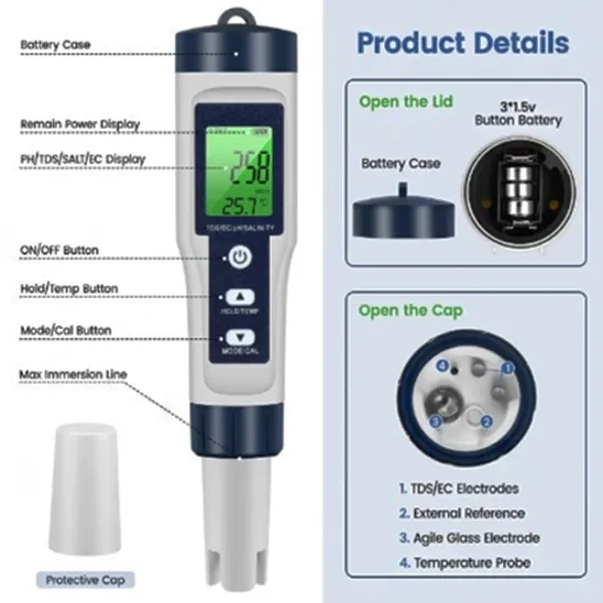 Hiteenyian 5-in-1 PHECSalinityTempTDS water tester