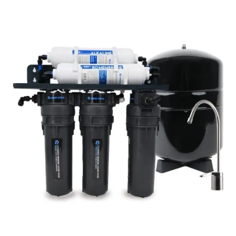 HomeWater EZChange Reverse Osmosis system with alkaline filter, RO membrane, and storage tank.