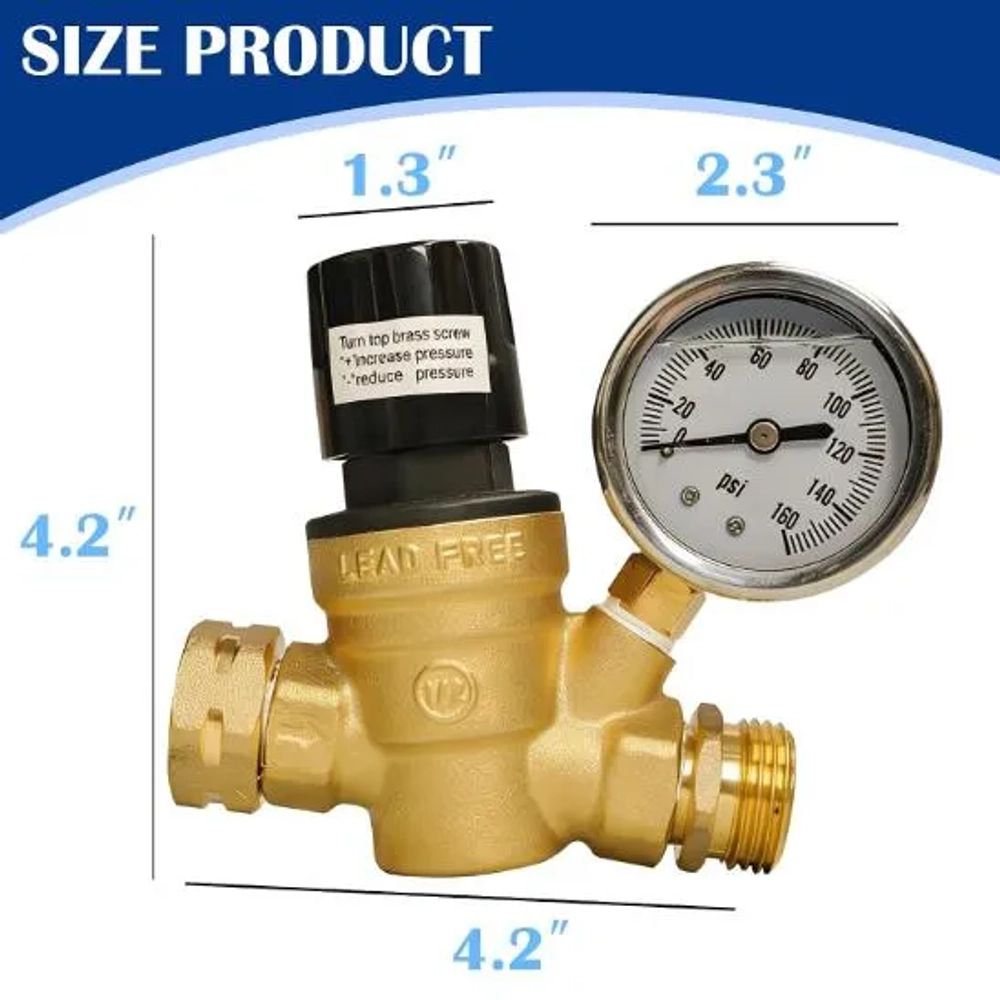 Hourleey RV Adjustable Handle Brass Water Pressure Regulator