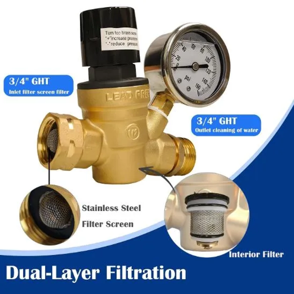 Hourleey RV Adjustable Handle Brass Water Pressure Regulator