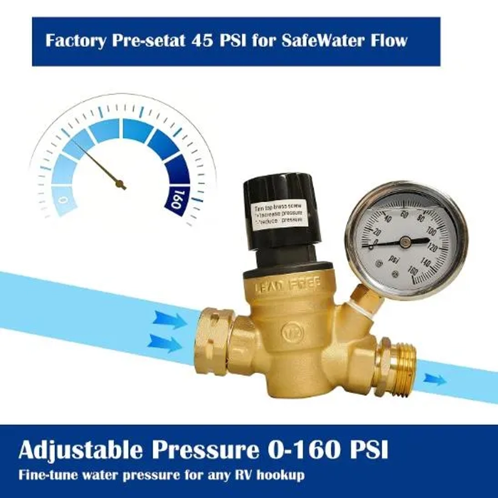 Hourleey RV Adjustable Handle Brass Water Pressure Regulator