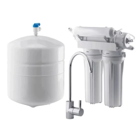Houston Water Solutions reverse osmosis system with multi-stage filters, tank, and chrome faucet.