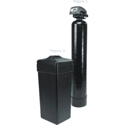 Houston Water Solutions black 100 series water softener system with digital control valve and brine tank.