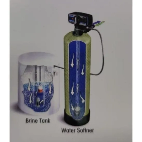 Huzaifa Water Treatment industrial water softener diagram showing a media tank and a cutaway brine tank.