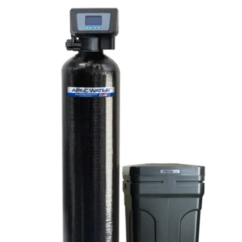 Professional-grade point-of-entry residential ion-exchange water softening setup engineered to target hard water minerals and eliminate limescale buildup throughout the home, designed by APEC Water