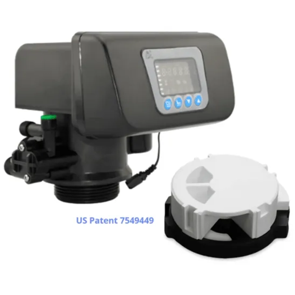 Hydro Standard water softener control valve and meter showing the digital display and US Patent 7549449