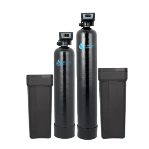 Hydro Standard water softener systems: two sizes of black tanks and matching brine tanks
