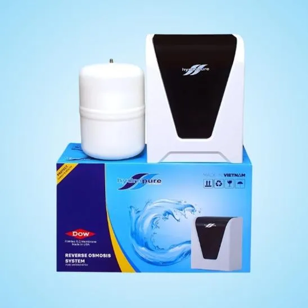 HydroPure Water Technologies under-sink RO system with sleek black and white cover shell and storage tank