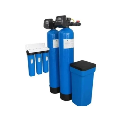 HydroPure Water Technologies whole house water softener system with dual blue media tanks and pre-filters