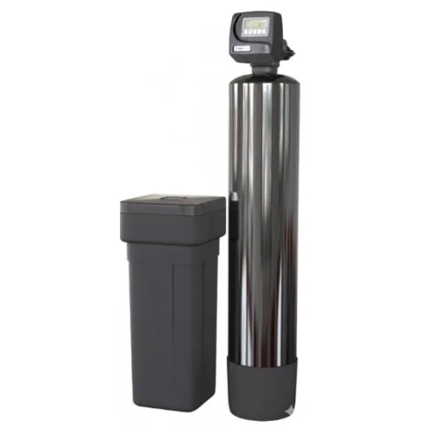 HydroSpring M Water Softener by Aquamundo featuring a chrome resin tank and black brine tank.