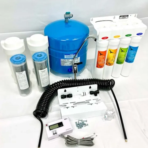 Unboxed Hydrophilic RODI water filter kit, including membrane housing, pre-filters, and tubing.