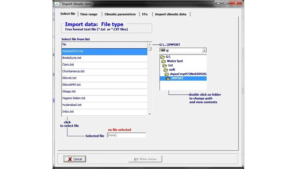 AquaCrop software interface showing the window for importing climate data files, with options for specifying file type, time range, and units.