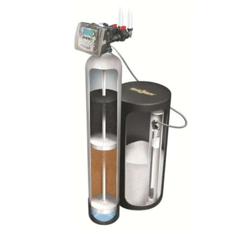 Water-Right Impression Plus RC water softener cross-section showing carbon and resin media tanks.