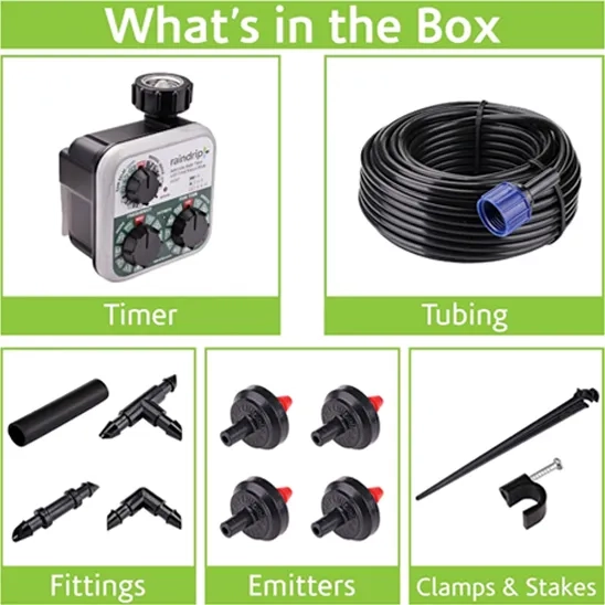 The box of the Raindrip R560DP Drip Irrigation Kit includes a timer, tubing, fittings, emitters, stakes, and clamps.