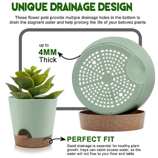 Indoor YNNICO Self Watering Plant Pots with Drainage Holes and Saucers.