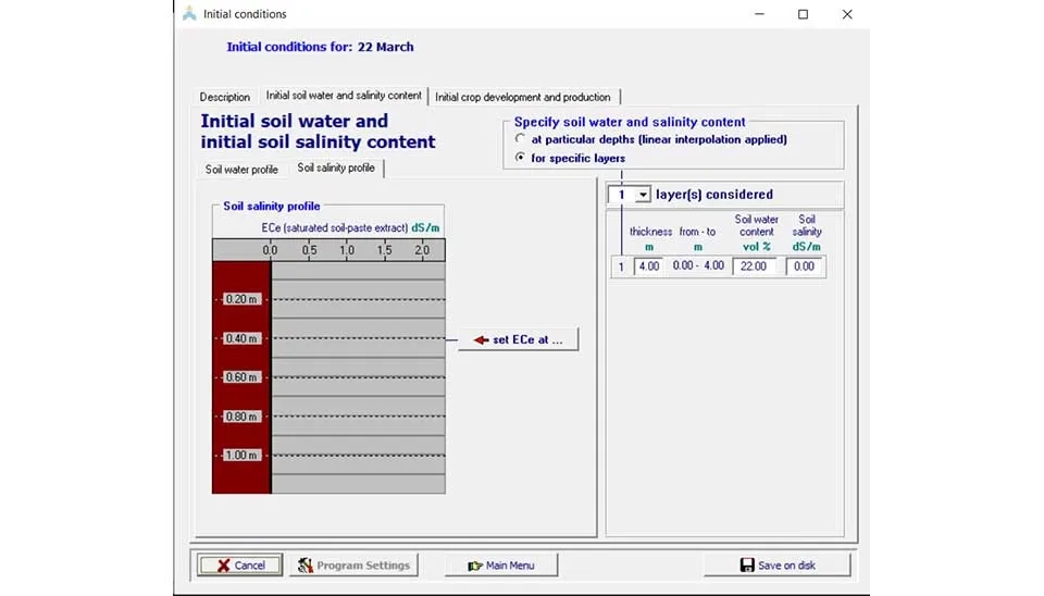 AquaCrop software interface showing the window for defining initial conditions, including soil water content, soil salinity, and initial crop development stage.