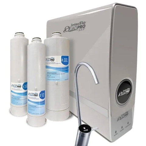 InterFlo QuadPro SST Reverse Osmosis unit featuring pre-filter, carbon, and membrane stage water purification.