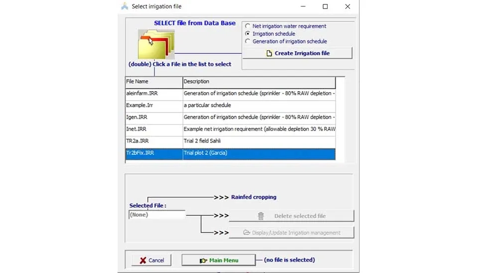 AquaCrop software interface showing the window for selecting the irrigation method and defining parameters such as the percentage of soil surface wetted during irrigation events.