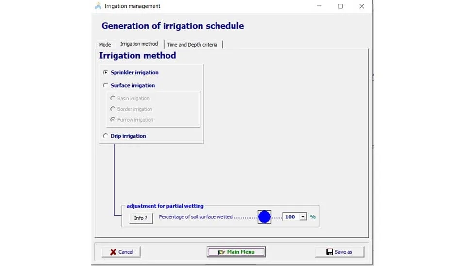 AquaCrop software interface showing the "Irrigation Method" tab within the irrigation management window. This tab allows users to select the irrigation method used, such as sprinkler or drip irrigation, and specify the percentage of the soil surface that is wetted during irrigation events.