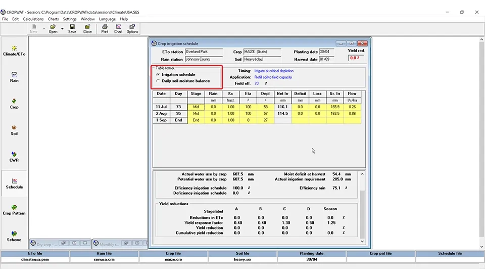 Screenshot of the Cropwat software interface showing the Options menu within the Scheduling tab, where users can define irrigation timing and application methods, such as irrigation at critical depletion, irrigation at fixed intervals, or irrigation based on user-defined application depths.