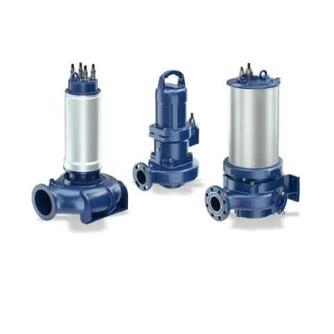 Three KSB Amarex KRT submersible motor pumps designed for wastewater drainage and industrial fluid handling systems