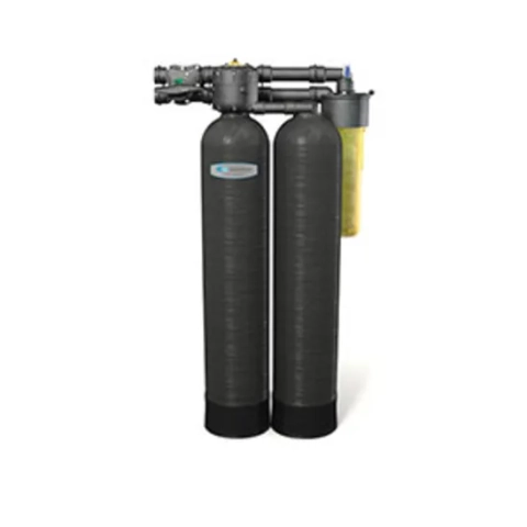Kinetico Premier Series water softener system with two resin tanks and pre-filter cartridge.