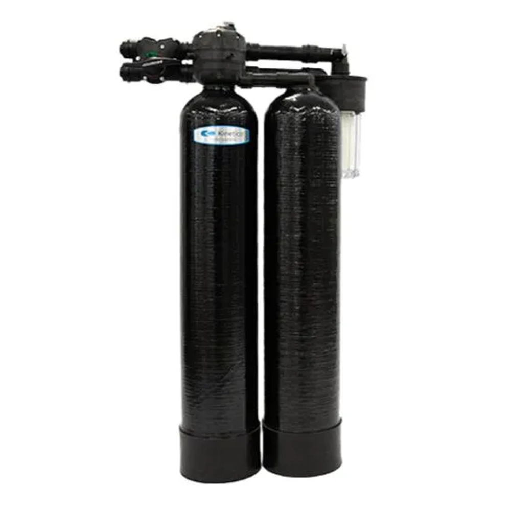 Kinetico Premier water treatment unit with two tanks and pre-filter for hard water. 