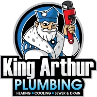 King Arthur Plumbing logo with mascot character, blue and black text, and list of professional services.