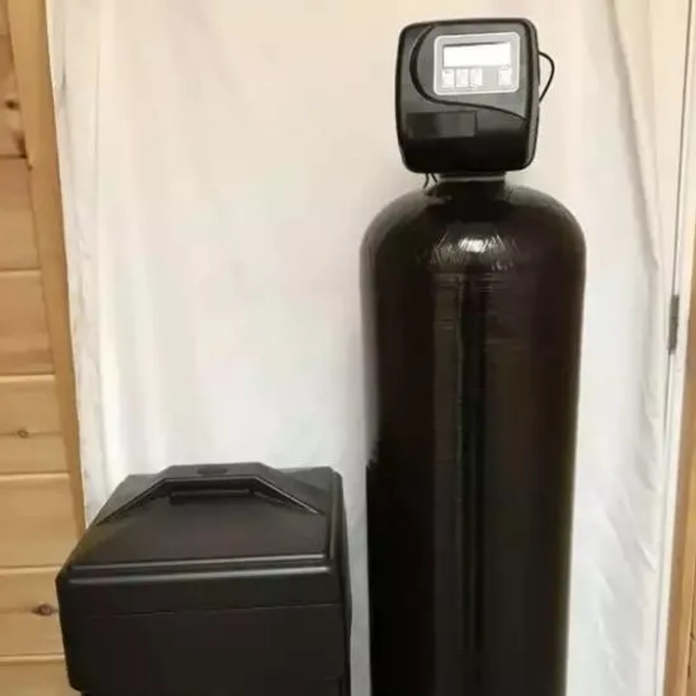 King Pure Water K0948 Water Softener system: black tank, digital control head, brine tank for home use.