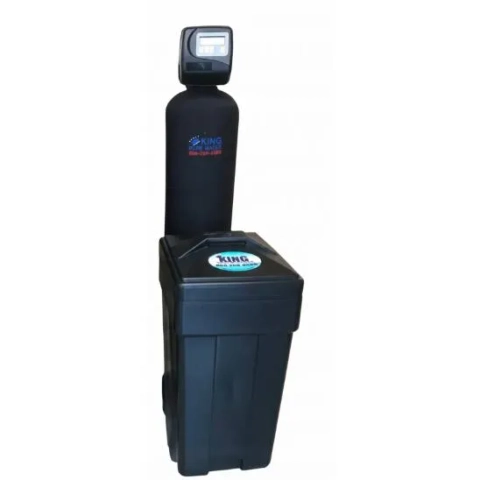 Black King Pure Water K0948 Water Softener unit; two-piece system with mineral tank and brine cabinet.
