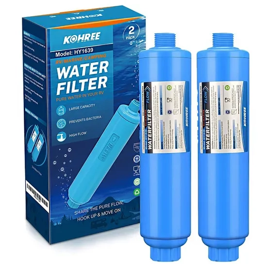 Pack of two Kohree HY1639 RV inline Filters with their box which shows they are suitable for RV, campaign, and marine.